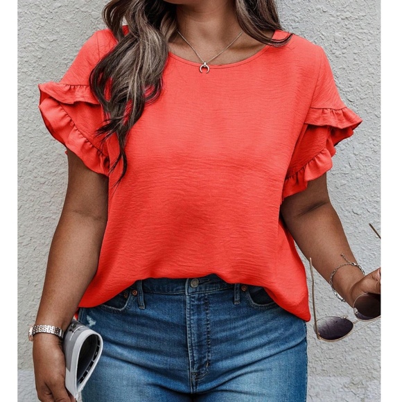 Plus Burgundy Solid Ruffle Petal Short Sleeve Top - Picture 9 of 15